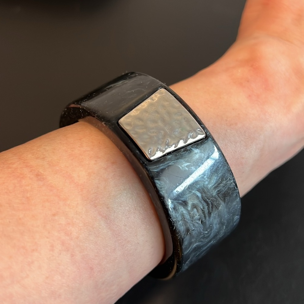 Vintage Plastic Bangle Bracelet, Silver Metal Accent, Marble, Black, Retro, Boho